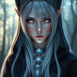 A captivating close-up portrait of a female drow elf sorcerer, featuring her enchanting violet eyes and long, silvery-white hair cascading down her shoulders