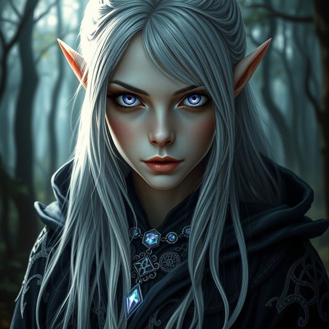 A captivating close-up portrait of a female drow elf sorcerer, featuring her enchanting violet eyes and long, silvery-white hair cascading down her shoulders