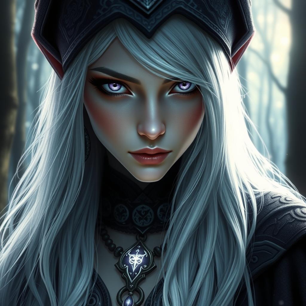 A captivating close-up portrait of a female drow elf sorcerer, featuring her enchanting violet eyes and long, silvery-white hair cascading down her shoulders