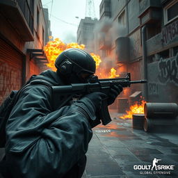 A dramatic scene from a first-person shooter game inspired by the aesthetics of Counter-Strike: Global Offensive (CS:GO)
