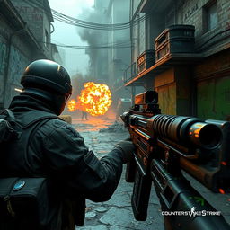 A dramatic scene from a first-person shooter game inspired by the aesthetics of Counter-Strike: Global Offensive (CS:GO)