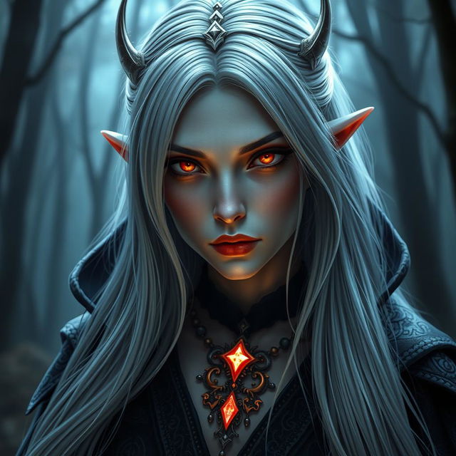 A captivating close-up portrait of a female drow elf sorcerer, featuring her striking red eyes that glow with arcane power and long, silvery-white hair cascading down her shoulders