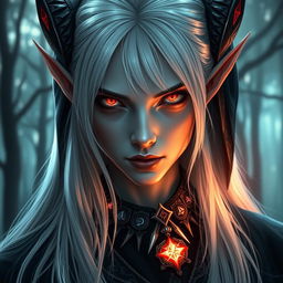 A captivating close-up portrait of a female drow elf sorcerer, featuring her striking red eyes that glow with arcane power and long, silvery-white hair cascading down her shoulders