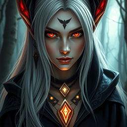 A captivating close-up portrait of a female drow elf sorcerer, featuring her striking red eyes that glow with arcane power and long, silvery-white hair cascading down her shoulders