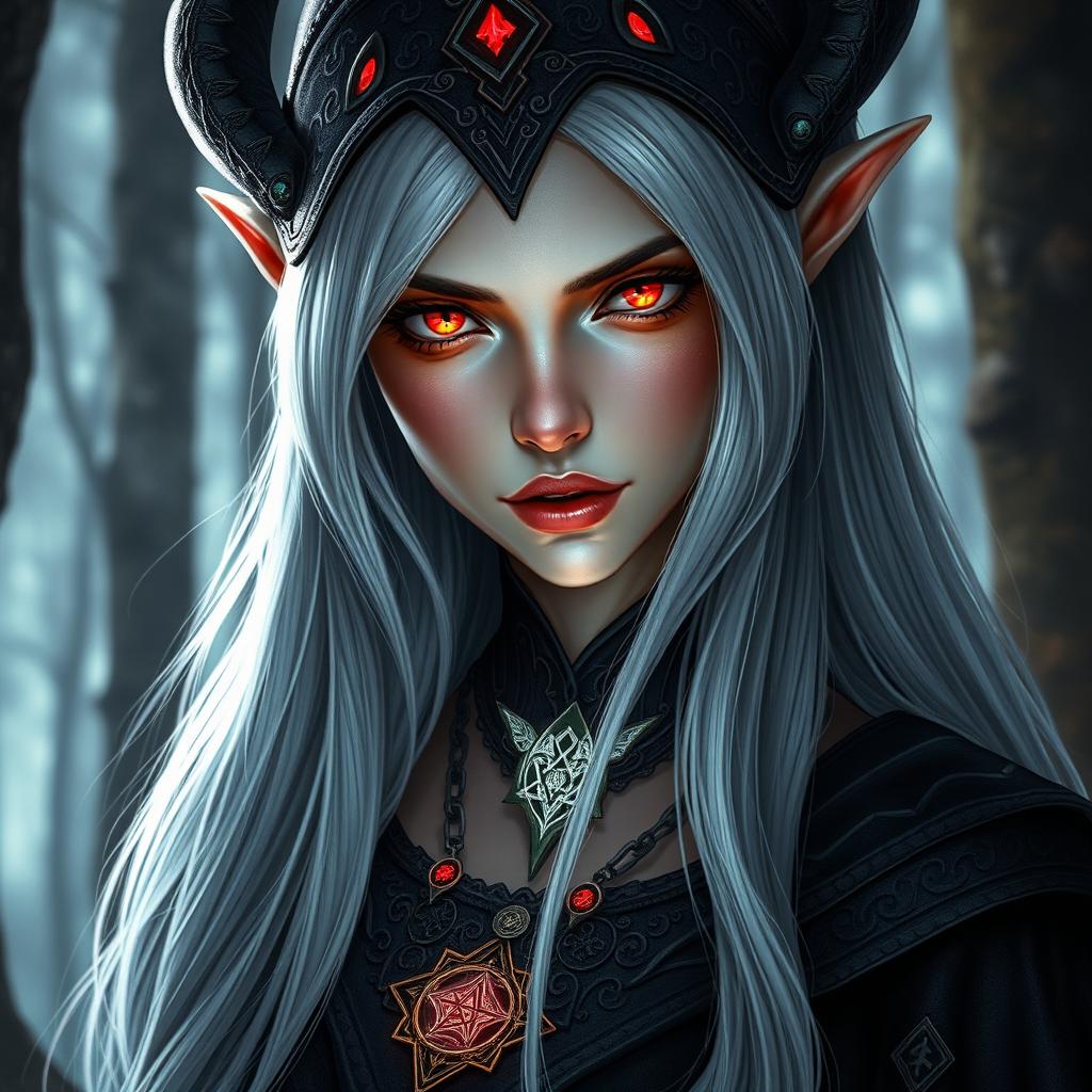 A captivating close-up portrait of a female drow elf sorcerer, featuring her striking red eyes that glow with arcane power and long, silvery-white hair cascading down her shoulders