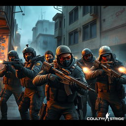 A dramatic scene set in a Counter-Strike: Global Offensive (CS:GO) game environment, showcasing a group of highly skilled players in a tactical standoff