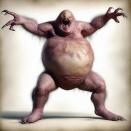 An exceptionally realistic depiction of a monster with a bloated stomach that seems to pulsate with internal movement