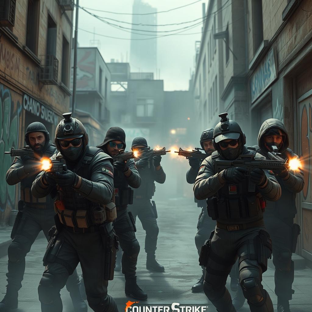 A dramatic scene set in a Counter-Strike: Global Offensive (CS:GO) game environment, showcasing a group of highly skilled players in a tactical standoff