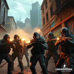 A dramatic scene set in a Counter-Strike: Global Offensive (CS:GO) game environment, showcasing a group of highly skilled players in a tactical standoff