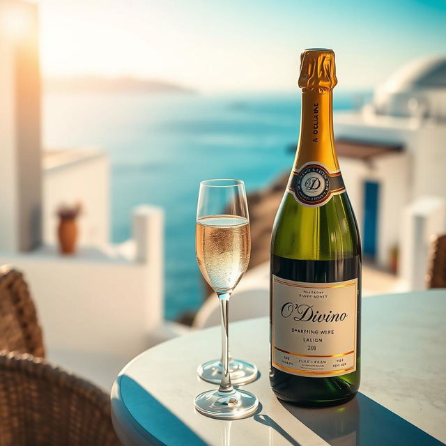 A visually appealing scene featuring a sparkling wine bottle elegantly packaged with the label 'O'Divino'