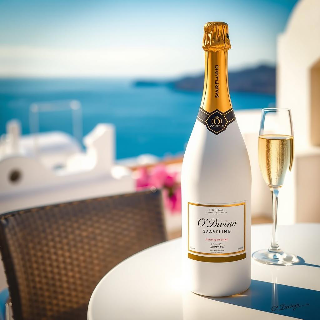 A visually appealing scene featuring a sparkling wine bottle elegantly packaged with the label 'O'Divino'