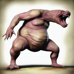 An exceptionally realistic depiction of a monster with a bloated stomach that seems to pulsate with internal movement