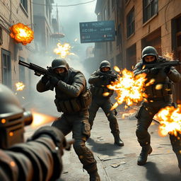 A thrilling scene from a Counter-Strike: Global Offensive (CS:GO) match, showcasing a high-stakes gunfight in a detailed urban environment