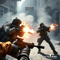 A thrilling scene from a Counter-Strike: Global Offensive (CS:GO) match, showcasing a high-stakes gunfight in a detailed urban environment