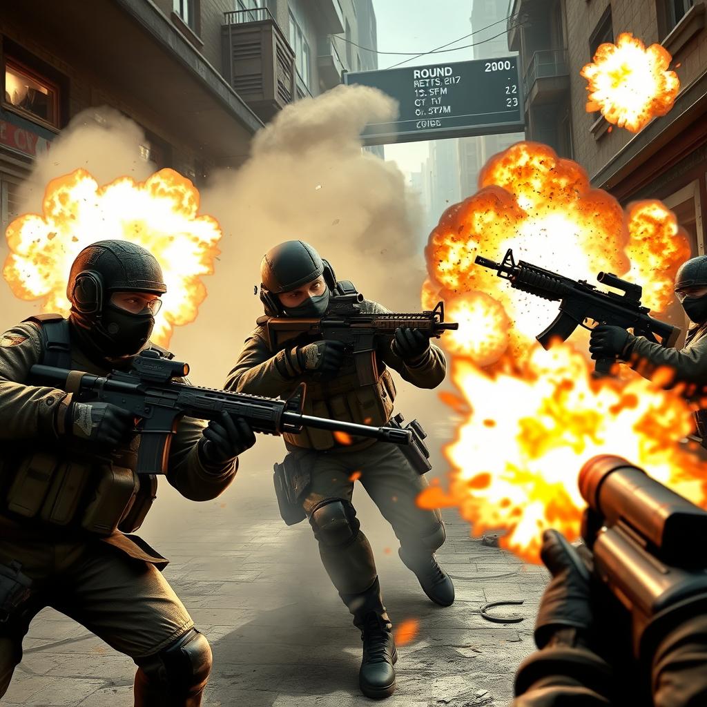 A thrilling scene from a Counter-Strike: Global Offensive (CS:GO) match, showcasing a high-stakes gunfight in a detailed urban environment