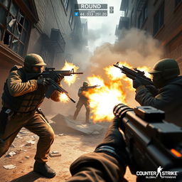 A thrilling scene from a Counter-Strike: Global Offensive (CS:GO) match, showcasing a high-stakes gunfight in a detailed urban environment