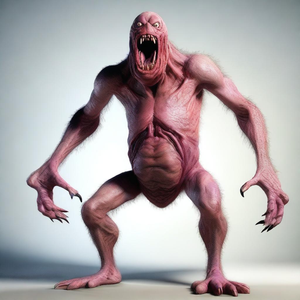 An extraordinarily realistic image of a monster with a distended stomach, causing it to pulsate with inner movement