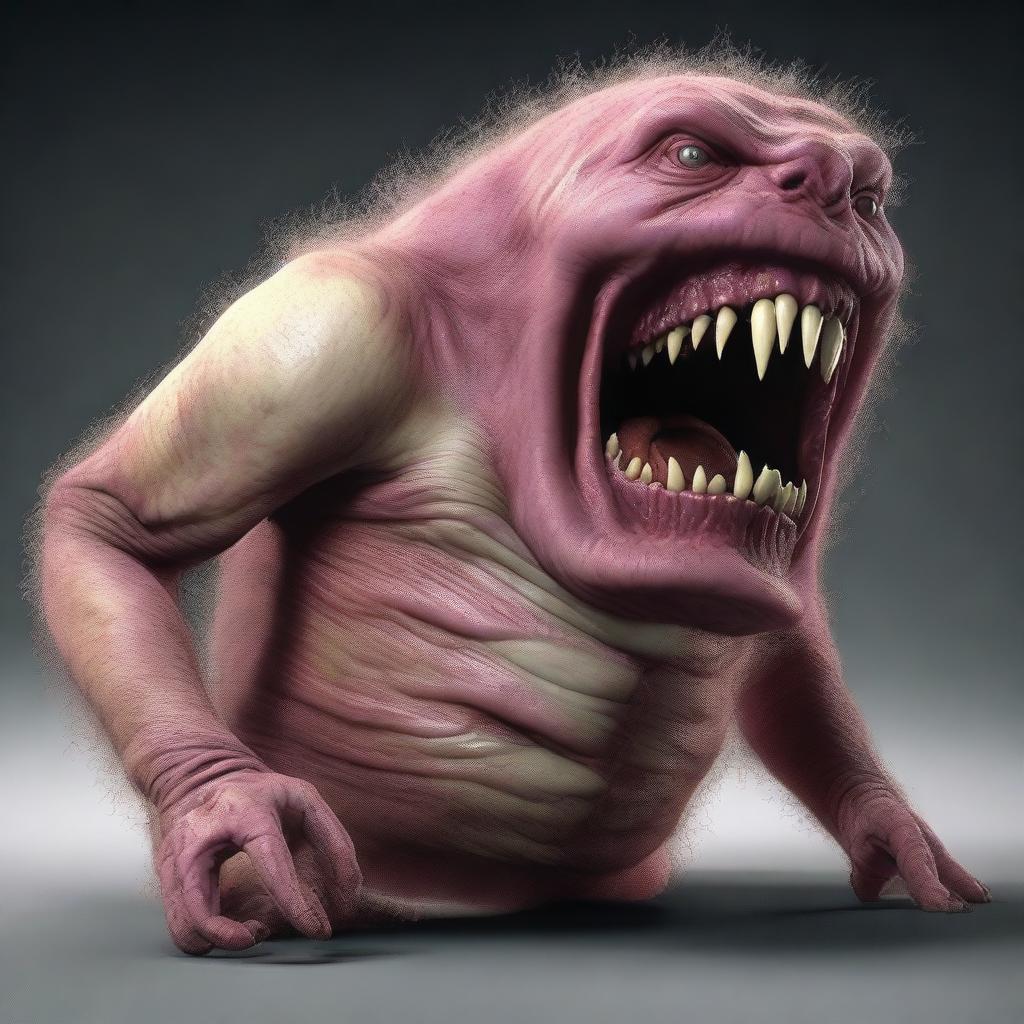 An extraordinarily realistic image of a monster with a distended stomach, causing it to pulsate with inner movement