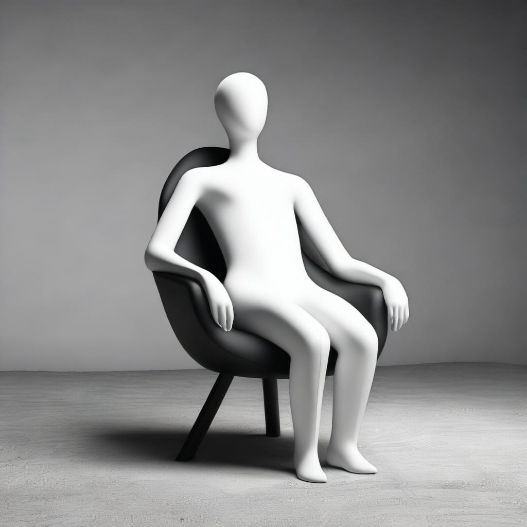 A surreal depiction of a chair-shaped man comfortably nested in a man-shaped chair, evoking a resonant paradox of roles and materials