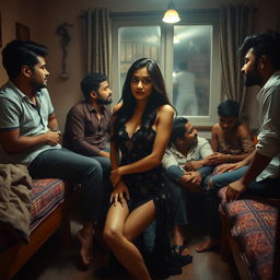 An evocative scene featuring an Indian woman, 18 years old, with long legs and captivating beauty, set in a cozy hostel room