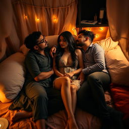 A captivating scene featuring an 18-year-old Indian woman with long legs and striking beauty, set in a cozy, softly lit hostel room