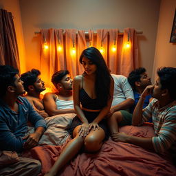 A captivating scene featuring an 18-year-old Indian woman with long legs and striking beauty, set in a cozy, softly lit hostel room