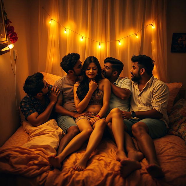 A captivating scene featuring an 18-year-old Indian woman with long legs and striking beauty, set in a cozy, softly lit hostel room