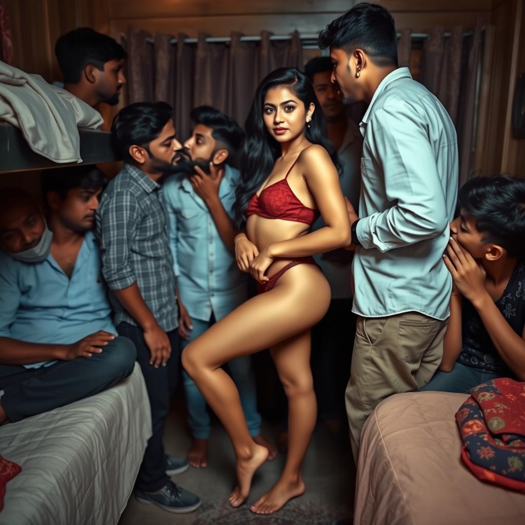 A visually captivating scene featuring an 18-year-old Indian woman with long legs and striking beauty, set in a cozy hostel room