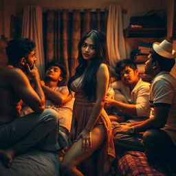 A visually stunning scene featuring an 18-year-old Indian woman with long legs and radiant beauty, captured in a cozy hostel room