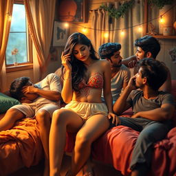 A visually captivating and artistic interpretation featuring an 18-year-old Indian woman with long legs radiating beauty, set in a cozy and inviting hostel room