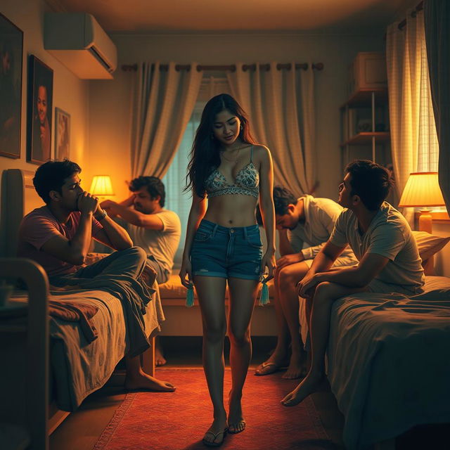 A visually captivating and artistic interpretation featuring an 18-year-old Indian woman with long legs radiating beauty, set in a cozy and inviting hostel room