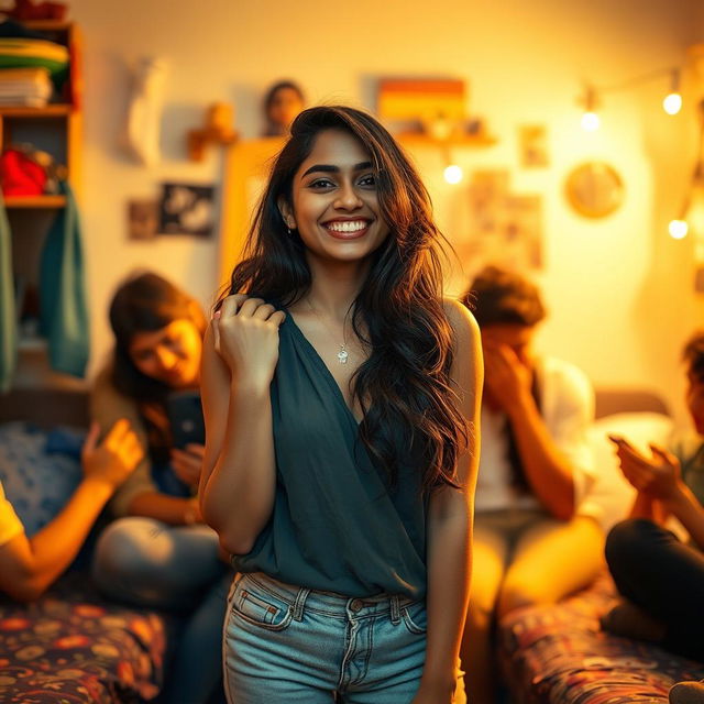 A hot, cute young Indian woman, exuding confidence and charm, in a cozy hostel room setting filled with hints of youthful energy