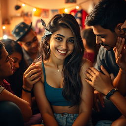 A hot, cute young Indian woman, exuding confidence and charm, in a cozy hostel room setting filled with hints of youthful energy