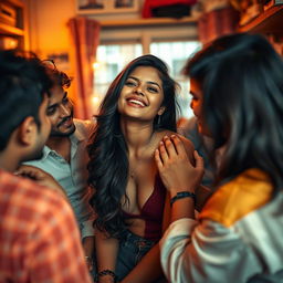 A hot, cute young Indian woman, exuding confidence and charm, in a cozy hostel room setting filled with hints of youthful energy