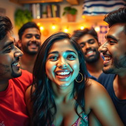 A hot, cute young Indian woman, radiating charm and vitality, in a lively hostel room filled with warmth and youthful energy