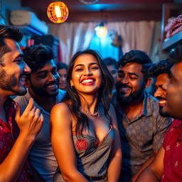 A hot, cute young Indian woman, radiating charm and vitality, in a lively hostel room filled with warmth and youthful energy