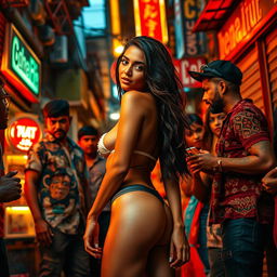 A bold and captivating scene featuring a stunning young woman with long legs, showcasing her beauty and charm in a vibrant urban environment reflecting the character of a slum area, filled with lively colors and textures