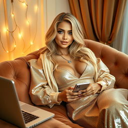 A breathtakingly beautiful 25-year-old Indian AI influencer with captivating features, blending her golden blonde hair into an exquisite style that radiates glamour and elegance