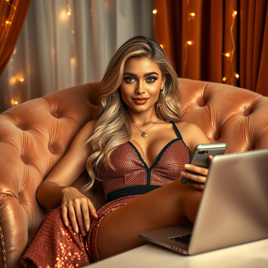 A breathtakingly beautiful 25-year-old Indian AI influencer with captivating features, blending her golden blonde hair into an exquisite style that radiates glamour and elegance