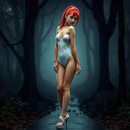 A thin sexy girl with round, enhanced breasts, wearing a tight shiny white latex thong leotard and high heel shoes