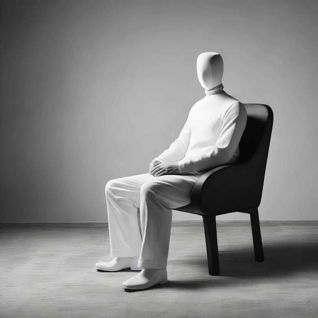 A surreal scene of a chair-shaped man sitting comfortably in a man-shaped chair, narrating a paradox of roles, objects, and materials