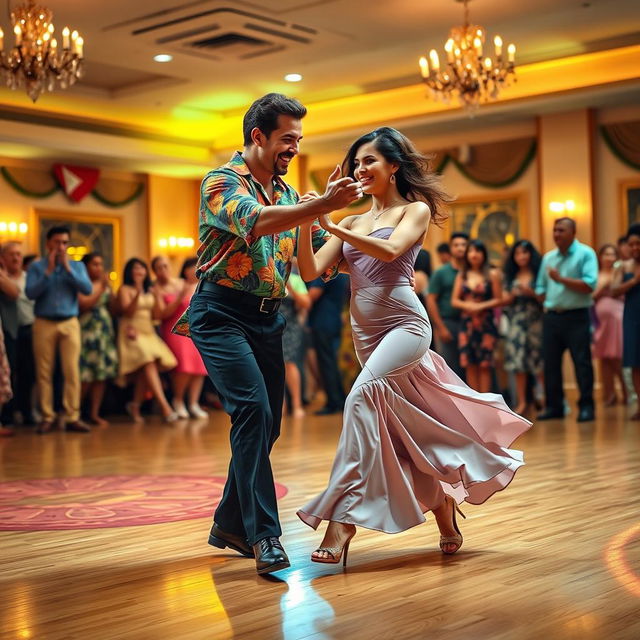 A lively scene of a vibrant rumba dance performance, featuring a passionate male dancer in a bright, colorful shirt and a female dancer in an elegant, flowing dress