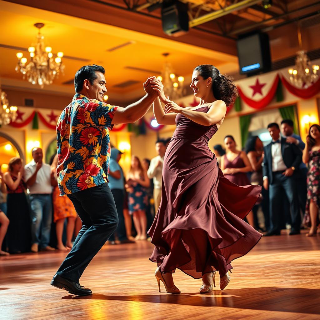 A lively scene of a vibrant rumba dance performance, featuring a passionate male dancer in a bright, colorful shirt and a female dancer in an elegant, flowing dress