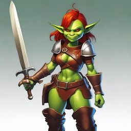 A goblin female with vibrant green skin and fiery red hair, dressed in rugged leather armor