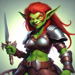 A goblin female with vibrant green skin and fiery red hair, dressed in rugged leather armor