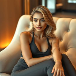 A stunningly beautiful 25-year-old Indian AI influencer with golden-blonde hair, flawless skin, and captivating features elegantly reclines on a plush chaise lounge