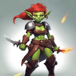 A goblin female with vibrant green skin and fiery red hair, dressed in rugged leather armor