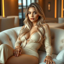 A stunningly beautiful 25-year-old Indian AI influencer with golden-blonde hair, flawless skin, and captivating features elegantly reclines on a plush chaise lounge