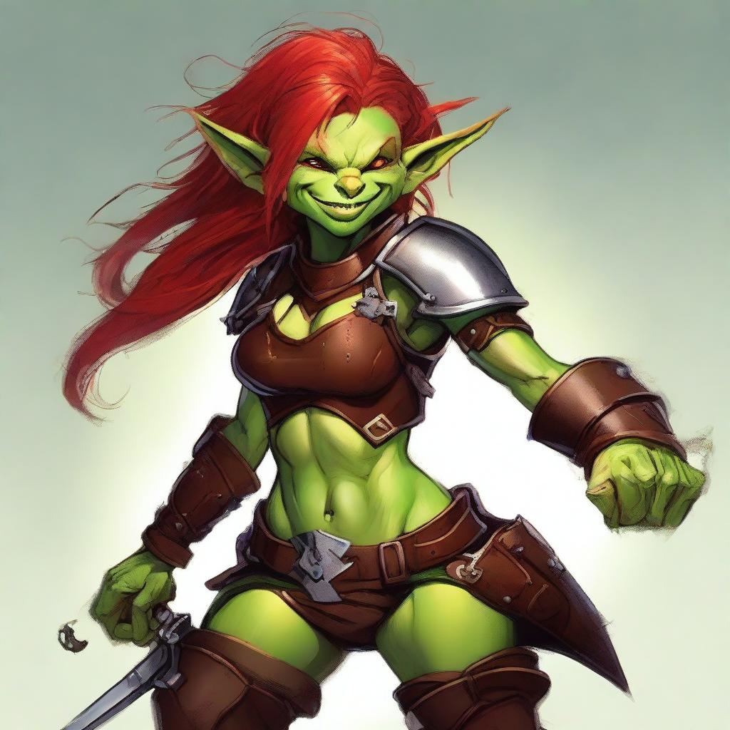 A goblin female with vibrant green skin and fiery red hair, dressed in rugged leather armor