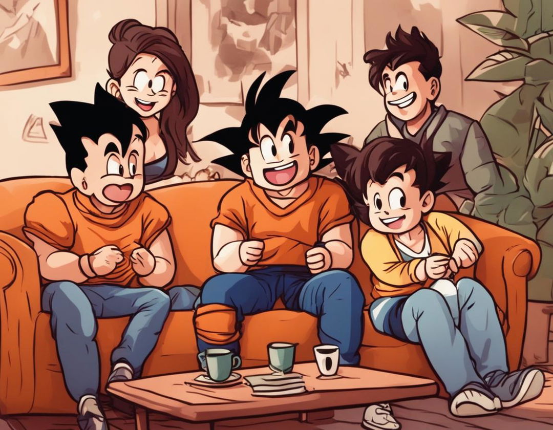 A group of friends laughing uncontrollably in a cozy living room, drawn in the style of Dragonball